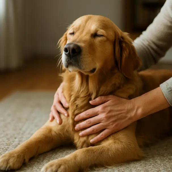 Persona che fa un massaggio delicato al petto di un golden retriever in casa, espressione rilassata