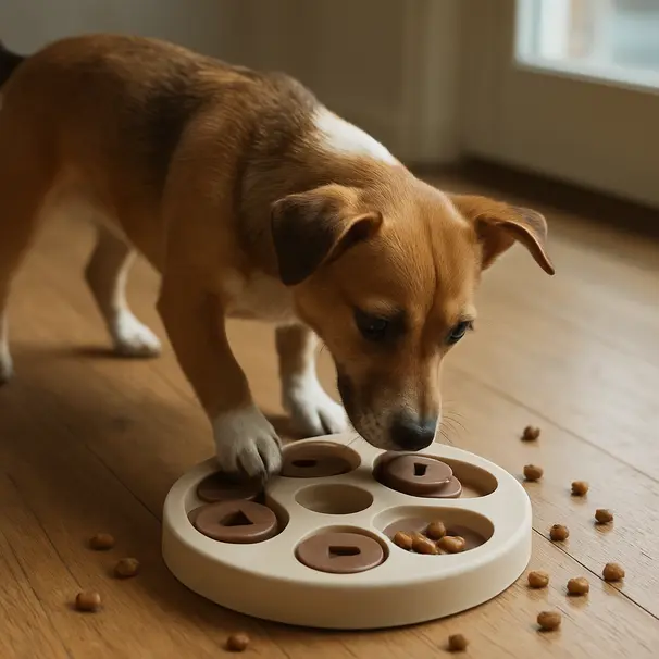 Cane che risolve un gioco di foraggiamento sul pavimento di legno, luce naturale, crocchette sparse