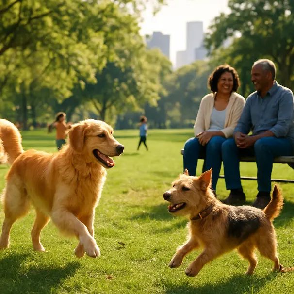 To hunde, en golden retriever og en lille terrier, leger i en solbeskinnet park mens to naboer snakker på en bænk.