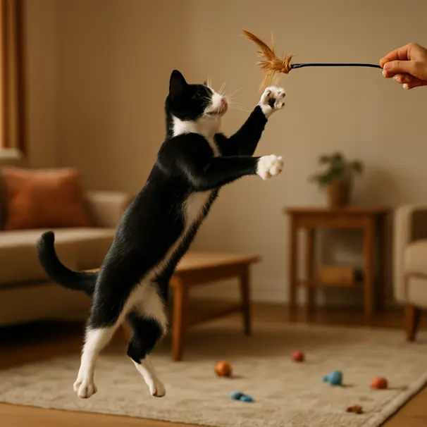 Black-and-white cat leaping to catch a feather toy in a cozy living room with a visible owner’s hand