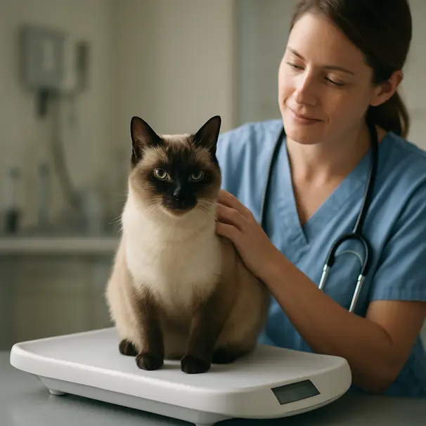 Siamese cat being weighed on a veterinary scale while a vet gently pets it in a clinic setting
