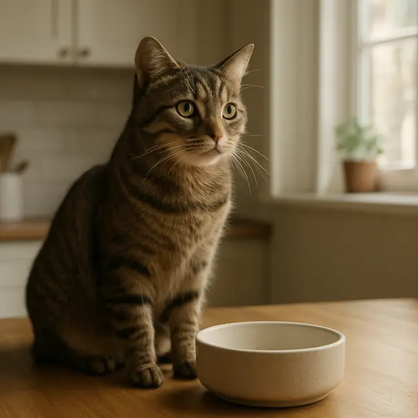 Tabby cat sitting by an empty food bowl in a sunny kitchen, looking expectant and alert