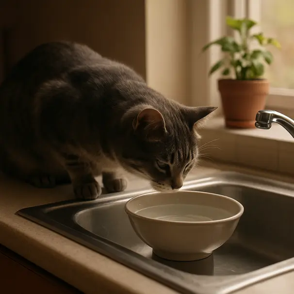 Grey tabby cat on a kitchen sink edge sniffing a shallow bowl of still water, indoor morning light, plants in background.