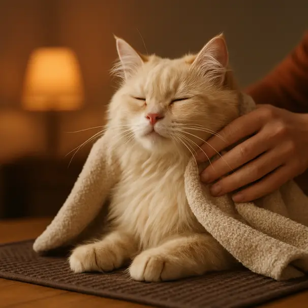 Long-haired cream cat on a non-slip mat being gently dried with a towel by a person in a warm indoor setting.