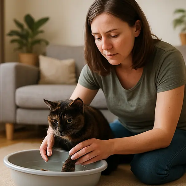 Pet carer kneeling next to a shallow basin of warm water while a tortoiseshell cat cautiously touches the water with a paw in a living room.