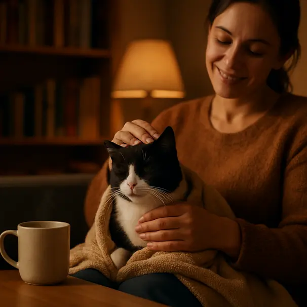 Black and white cat wrapped in a towel, resting on a caregiver’s lap in a warmly lit living room while being stroked.