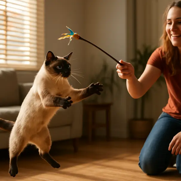 Chat siamois sautant pour attraper une baguette de jeu tenue par un pet carer, salon animé en après-midi.