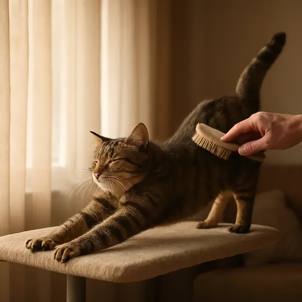 Chat tigré à l'intérieur sur un perchoir près d'une fenêtre, humain brossant doucement, salon lumineux.