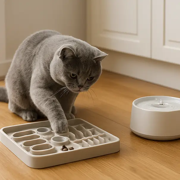Chat British Shorthair jouant avec un distributeur-puzzle sur le sol, fontaine à eau visible, coin cuisine lumineux.