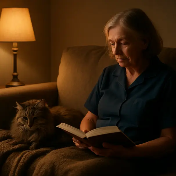 Chat à poil long blotti sur un canapé avec un pet carer qui lit à la lueur d'une lampe, ambiance chaleureuse.
