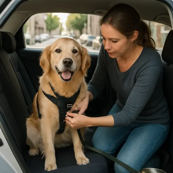 Pet carer fastening a golden retriever into a car seat harness during a daytime practice trip on a city street