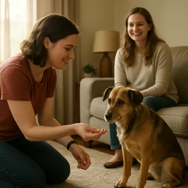 Pet carer offering a treat to a cautious mixed-breed dog during an indoor meet-and-greet in a cozy living room