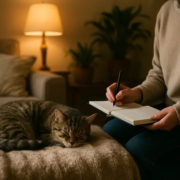 Tabby cat curled on a blanket in a living room during a calm homecoming with owner and pet carer