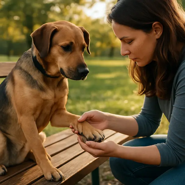 Proprietario che controlla la zampa del cane su una panchina al parco, luce pomeridiana, gesto rassicurante