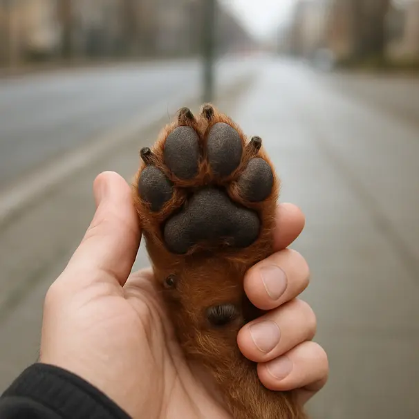 Pet sitter che ispeziona i cuscinetti della zampa del cane sul marciapiede, dettaglio delle dita