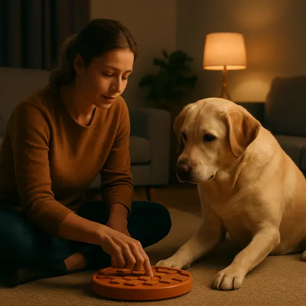 Pet carer che offre un gioco mentale al cane in salotto di sera, ambiente accogliente