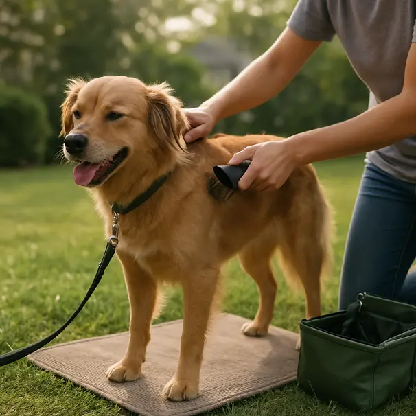 Person brushing a golden retriever mix outside on a washable mat in a suburban yard, reducing loose fur and dander