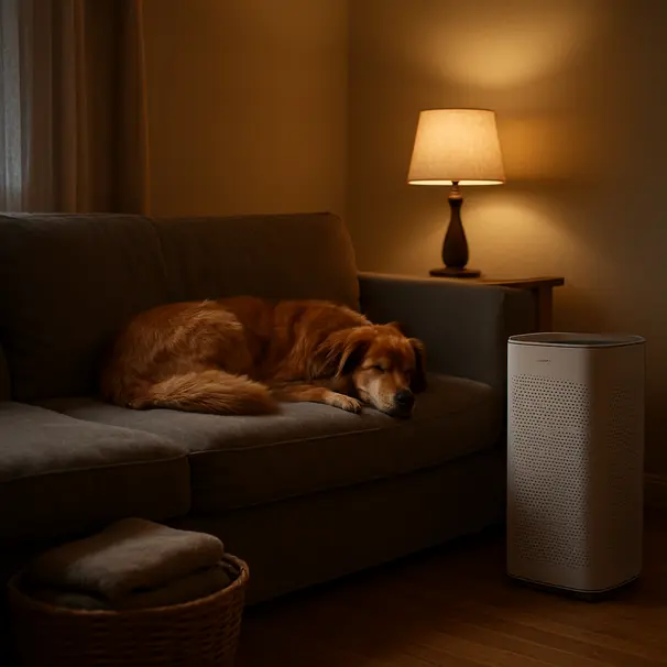 Cozy living room at night with a medium-haired dog on a washable-covered sofa and a HEPA air purifier running nearby