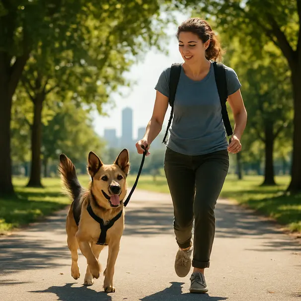 Pet carer walking a small shepherd mix in a sunny city park with trees and a blurred skyline, leash in hand