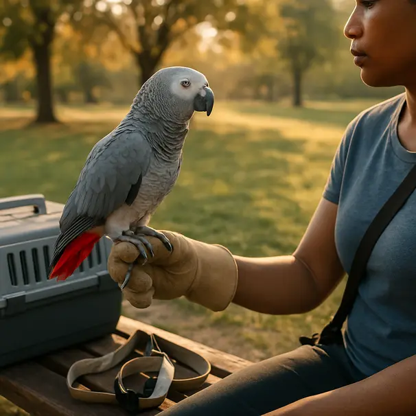 African grey parrot perched on a gloved hand of a pet carer outdoors with carrier nearby