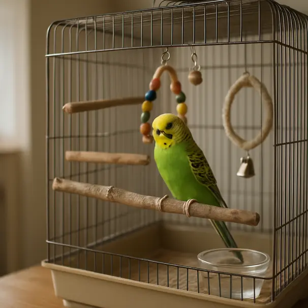 Parakeet inside well-equipped cage with toys and water dish placed away from the kitchen