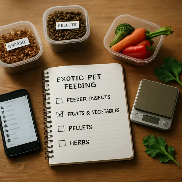 Checklist nutrizionale per animali esotici su tavolo di legno con contenitori etichettati e bilancia