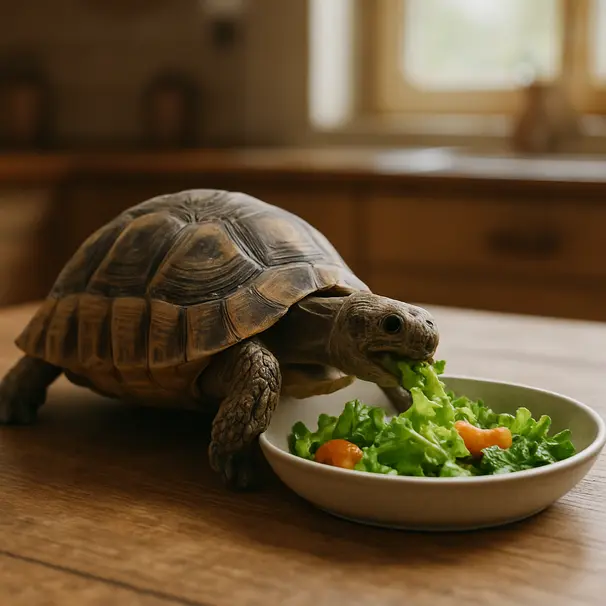 Tartaruga domestica in cucina che mangia verdure da una ciotola, luce naturale e tavolo di legno