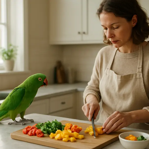 Pet carer che prepara frutta e verdura per un pappagallo, pappagallo appollaiato vicino e ingredienti colorati