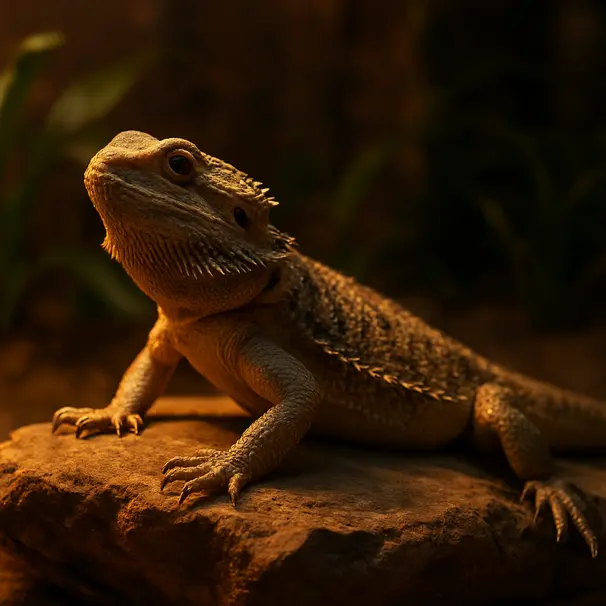 Drago barbuto che prende il calore sotto una lampada UVB su una roccia di terrario con piante sullo sfondo