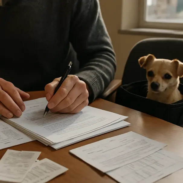 Primo piano su documenti e ricevute firmati in ufficio comunale, piccolo cane in trasportino vicino, luce naturale