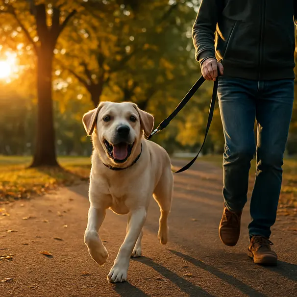 Passeggiata al parco al tramonto con Labrador energico al guinzaglio su un sentiero alberato, luce calda