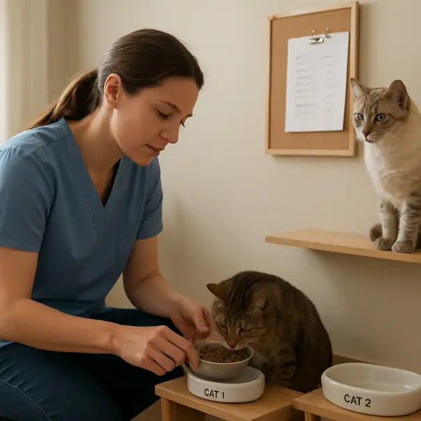 A pet carer feeding two cats at separate labeled feeding stations while a third cat waits on a nearby shelf, midday light in a tidy home.