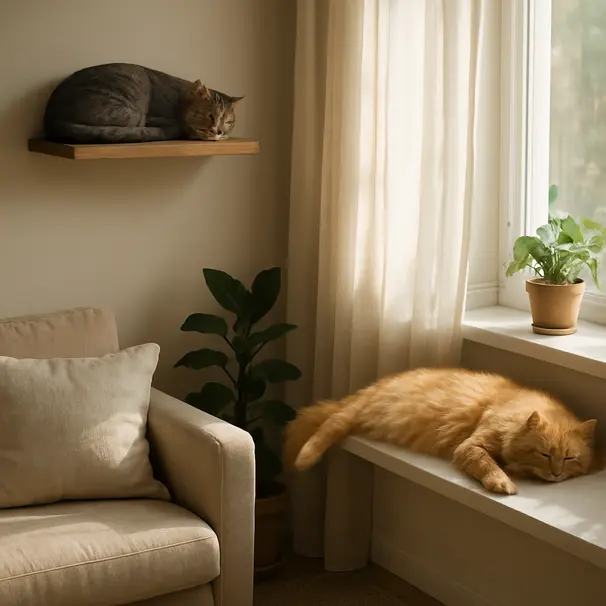 A grey tabby curled on a high wall shelf and a ginger cat stretched on a sunlit windowsill in a cozy living room.