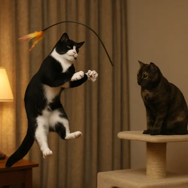 A black-and-white cat jumping to catch a wand toy while a tortoiseshell watches from a cat tree in warm lamplight.