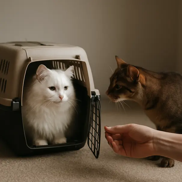A long-haired white cat in an open carrier being sniffed by a resident brown cat through the carrier door during a supervised introduction.