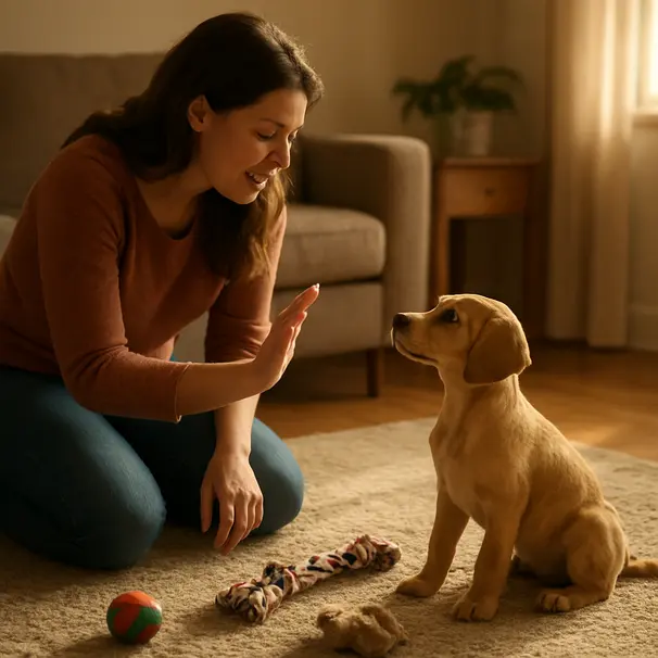 Person kneeling on a living room rug calling an attentive puppy by name during a training moment, sunlight through window, toys nearby