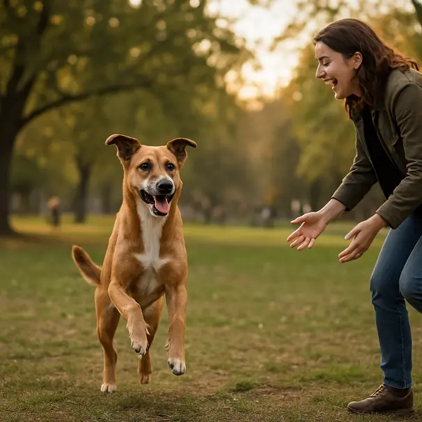 Mid-sized dog running toward owner in a city park during golden hour while owner calls the dog's name, trees and people blurred in background