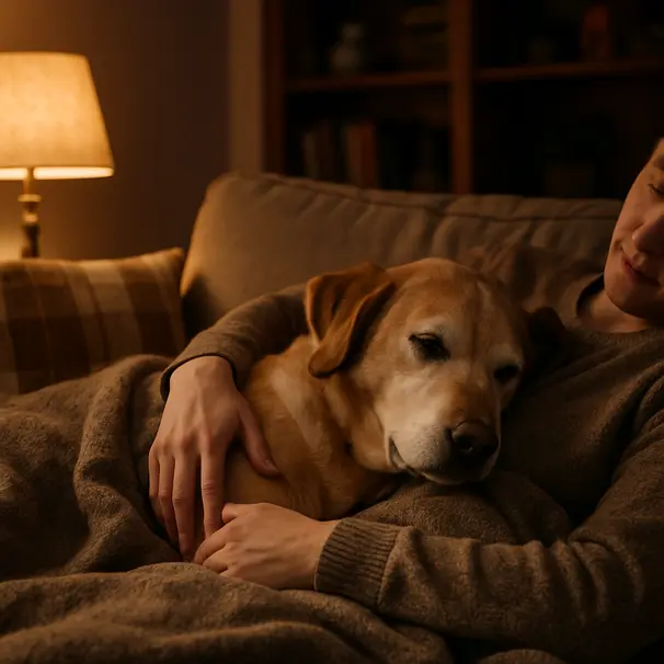 Person cuddling a calm senior dog on a couch under a blanket in soft lamplight, warm home interior