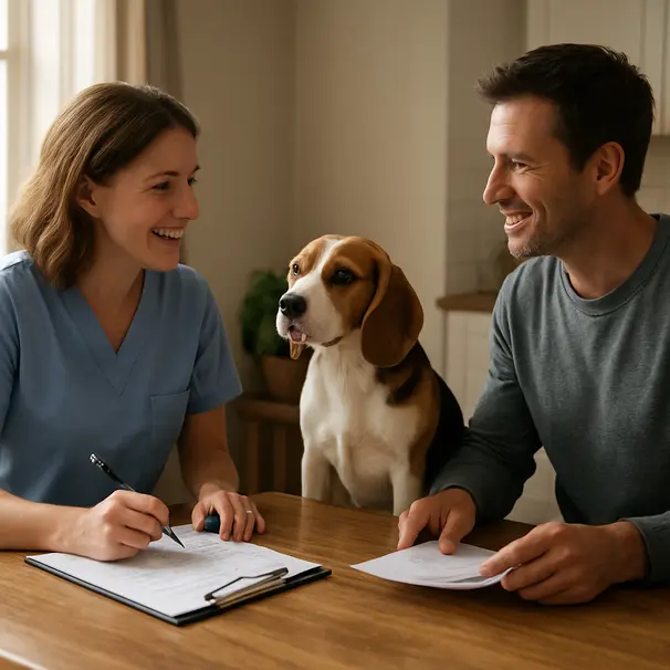 Pet carer and owner exchanging daily notes at a kitchen table while a beagle waits nearby in the morning light.