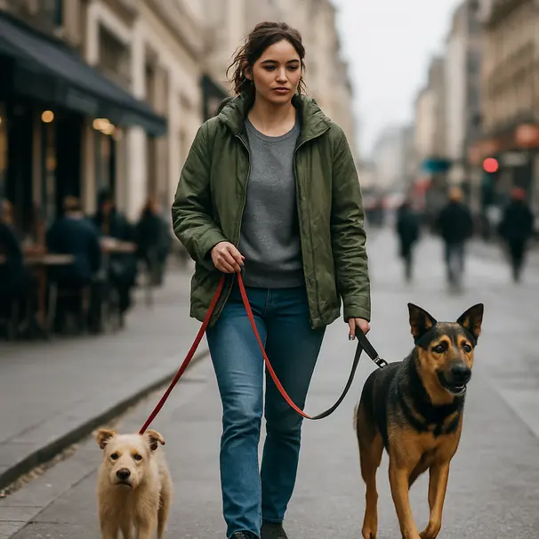 Pet carer walking a small terrier and medium shepherd mix together on a busy city street in the afternoon.
