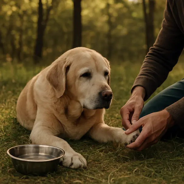 Elderly Labrador resting in a woodland clearing as owner checks paws and offers water after a long hike.