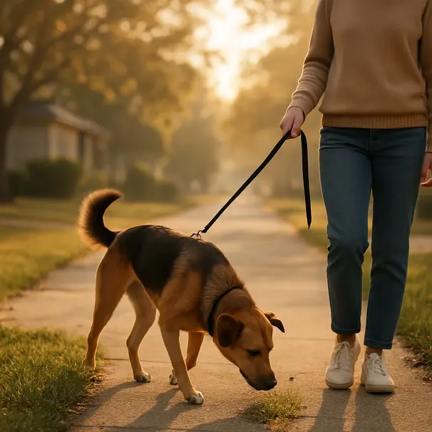 Mixed-breed dog sniffing grass during a morning suburban walk with a pet carer on a sidewalk.