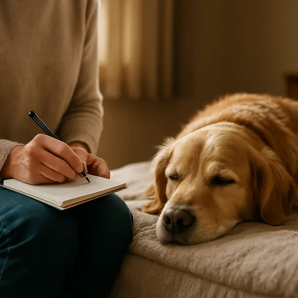 Un pet carer annota osservazioni mentre un golden retriever riposa su un letto morbido in casa