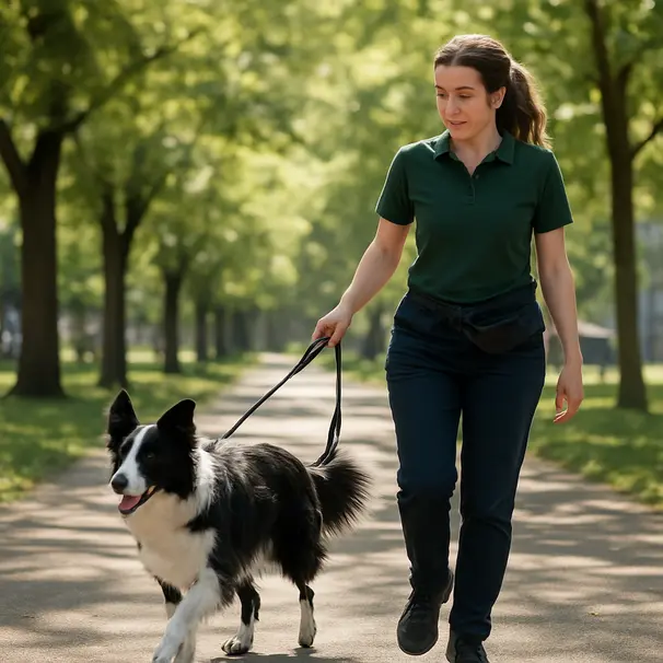 Pet carer che passeggia con un border collie in un parco alberato durante il giorno