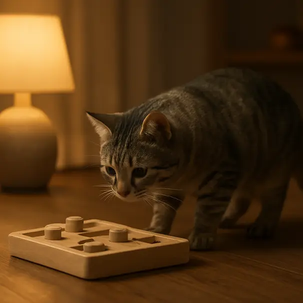 Gatto tigrato grigio che esplora un giocattolo-puzzle in un ambiente domestico tranquillo alla sera