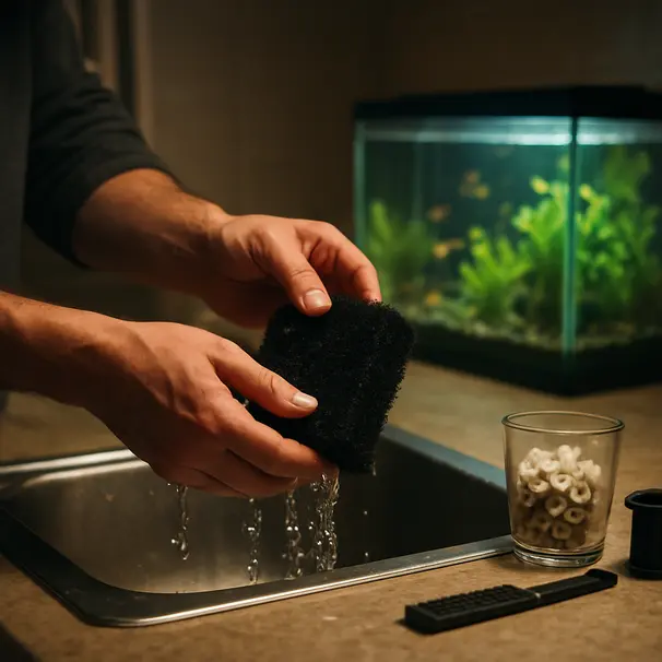 Person cleaning a sponge filter over a sink with an aquarium glowing in the background, hands rinsing filter media