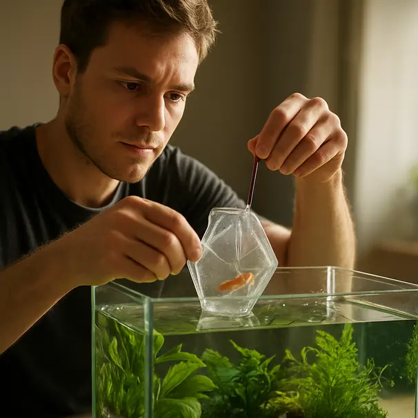 Person introducing a new tropical fish into a planted quarantine tank using a net under soft morning light
