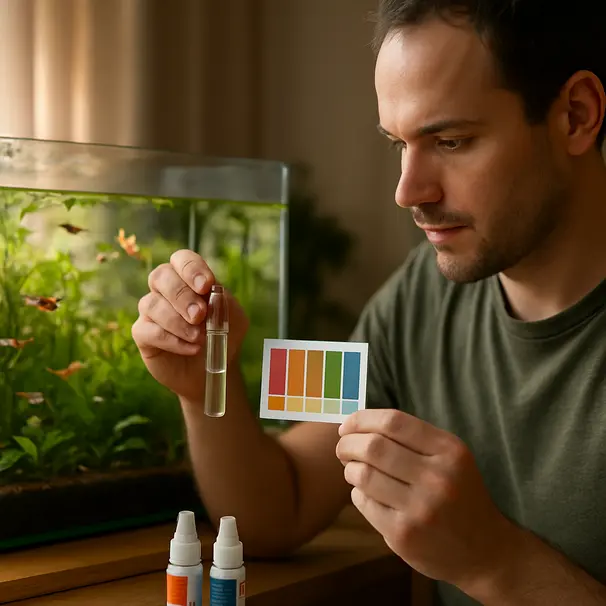 Person testing aquarium water with reagents beside a planted community tank, colourful fish visible, close-up on hands and test kit
