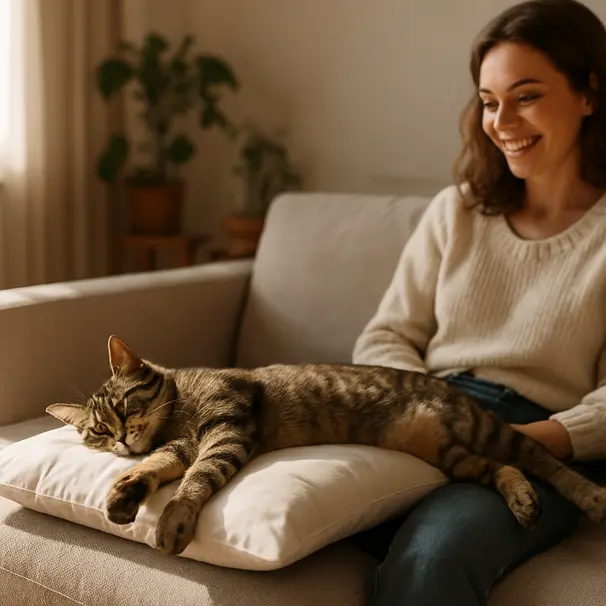 Tabby cat lying on a pillow in a sunlit living room beside an owner, showing relaxed posture.