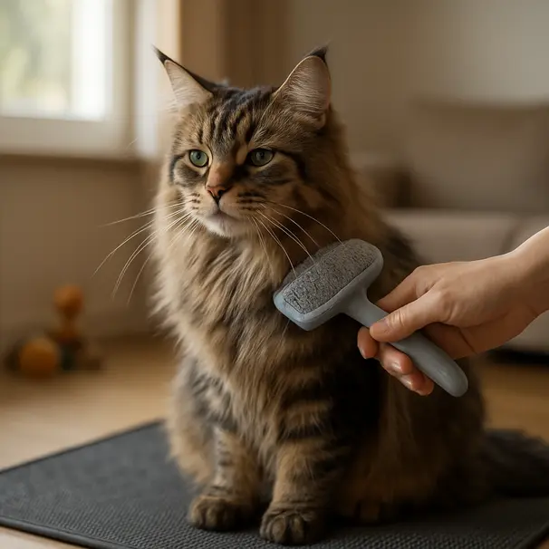 Person brushing a long-haired Maine Coon on a mat indoors, brush collecting fur.